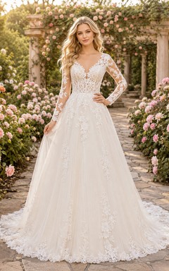 Garten-Hochzeitskleid mit langen Ärmeln, Spitze und A-Linien-Schnitt