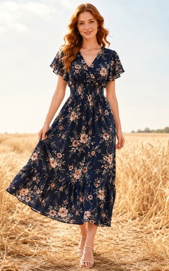 Vestido de estilo pradera de manga corta con estampado floral oscuro y cintura fruncida