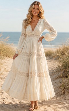 Robe de mariée bohème à col en V, manches poétiques, en mousseline et dentelle à volants, style plage