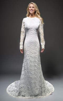 Robe de mariée bohème en dentelle à manches longues, coupe modeste et évasée