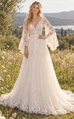Boho Bell Sleeve V-neck Floral Lace A-Line Wedding Dress