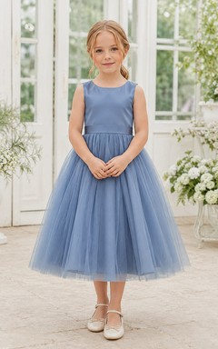 Flower Girl Dress Steel Blue Tulle A-Line Jewel Neck Tea Length Bow Back
