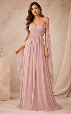 Dusty Rose Off-Shoulder Chiffon Empire A-Line Cape Sleeve Evening Dress