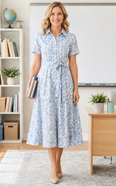 Blue floral short sleeve collared A-line teacher midi dress