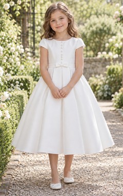 Simple Tea-length White Satin Jewel Cap-sleeve Buttoned Bow-waist Pleated A-line Flower Girl Dress