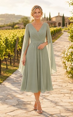 Elegantes, salbeigrünes Chiffonkleid in A-Linie mit V-Ausschnitt, langen, geschlitzten Cape-Ärmeln und Teelänge – perfekt für die Mutter der Braut