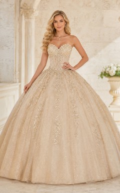 Champagne Luxury Strapless Sweetheart Crystal Beaded Glitter Tulle Princess Quinceanera Ball Gown