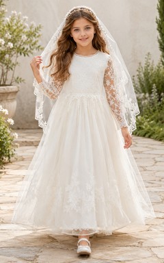 Robe de communion en tulle à col rond et manches longues en dentelle, longueur cheville, col rond et manches longues en dentelle