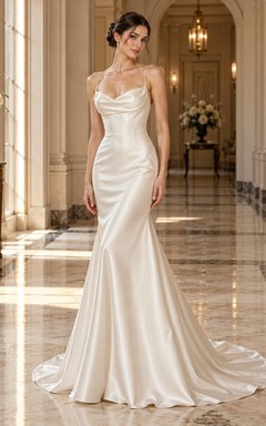 Simple Open Back Cowl Neck Spaghetti Satin Mermaid Wedding Dress