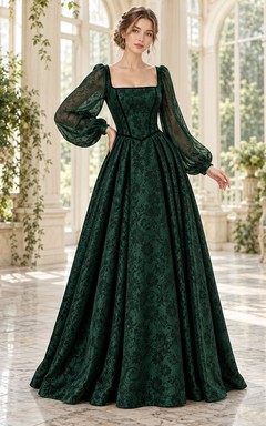Dark Green Gothic Square Neck Bishop Sleeve Full Gown