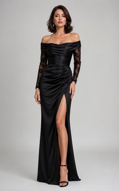 Black Off Shoulder Long Sleeve Ruched Bodycon Formal Evening Dress