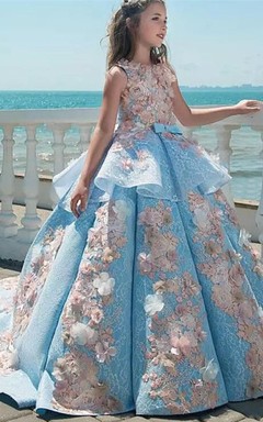 Floral Bateau Sleeveless Ruched Ball Gown Flower Girl First Communion Dress