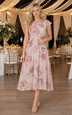 Pink Floral Cap Sleeve A Line School Fundraiser Midi Dress