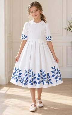 Schlichtes, schlichtes weißes Teelängenkleid mit Peter-Pan-Kragen, Ellbogenärmeln, gezacktem Blättermuster und breiten Falten in A-Linie – perfekt für Blumenmädchen.