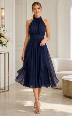 Elegant Navy Halter Pleated Chiffon Tea Length Cocktail Evening Dress