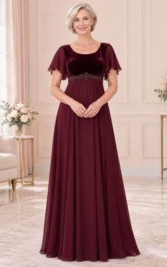Vestido de gasa con cuentas, corte imperio, largo hasta el suelo, corpiño de terciopelo, mangas con volantes y detalles de cuentas, ideal para la madre de la novia.