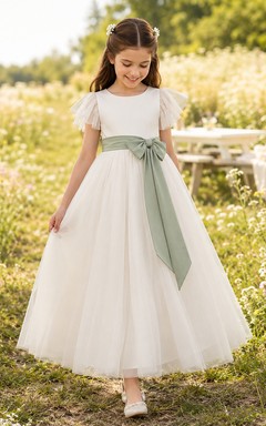 Tüllkleid in A-Linie mit Spitzenoberteil, kurzen Ärmeln, Rundhalsausschnitt, wadenlangem Rock und Schleifendetail