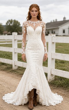 Robe de mariée de maternité en dentelle, col carré, manches longues, style jardin, avec fente sur le devant