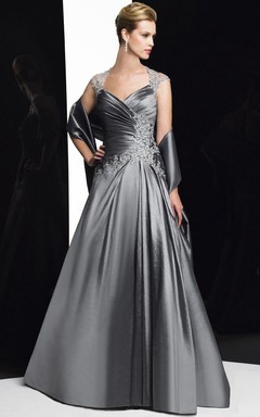 A-Line Maxi Appliqued Sleeveless Queen Anne Satin Formal Dress