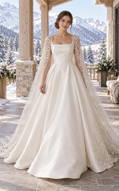 Vestido de novia de corte A de satén transparente con cuello cuadrado, sin mangas, bordado floral y capa, ideal para invierno.