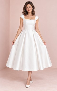 Tea-length Square Neck Cap Sleeve Satin Bow Back Bridal Dress