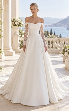 Vestido de novia romántico de corte A, largo hasta el suelo, con corpiño estructurado, mangas largas, hombros descubiertos, encaje floral y satén.
