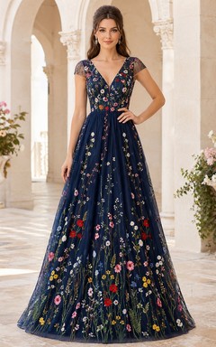 Boho-Kleid in Marineblau mit V-Ausschnitt, ärmellos, bodenlang, aus Chiffon, A-Linie und Blumenmuster