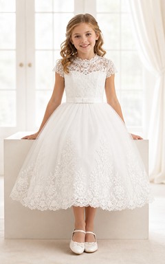 Modest Tea-length Ball Gown High Neck Cap Sleeve Lace Flowergirl Dress