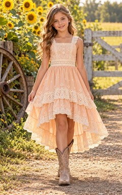 Western Papaya Square Neck Lace High-Low Tiered Flower Girl Dress