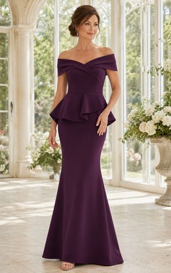 Plum Floor-Length Mermaid Luxury Mother of the Bride Evening Gown with Off-Shoulder Folded Neck and Sculpted Peplum