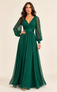 Vestido formal de gasa de corte A con escote en V y manga larga, color verde esmeralda