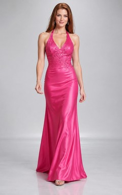 Fuchsiafarbenes, langes Meerjungfrauen-Abendkleid mit Neckholder, V-Ausschnitt, Spitzenoberteil und Satin