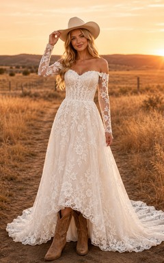 Robe de mariée rustique western en dentelle à épaules dénudées et manches longues