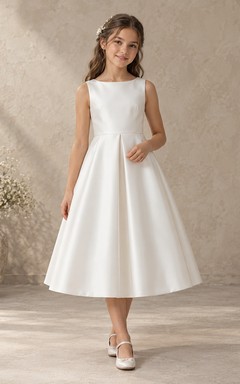 Simple Tea-length Ivory Sleeveless Bateau Satin Natural Waist Center Pleat A-Line Flowergirl Dress