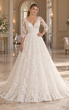 Romantic V-neck Three-Quarter Sleeve Floral Lace Ball Gown Wedding Dress