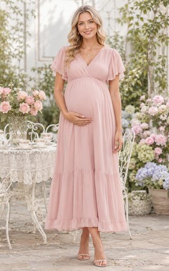 Robe de soirée rose poudré de maternité à col en V, manches papillon et volants en mousseline de soie, longueur thé