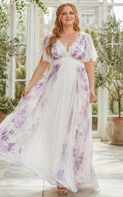 Lavender Floral Plus Size Empire A-Line Chiffon Bridal Dress V-neck Short Sleeve Sweep Train