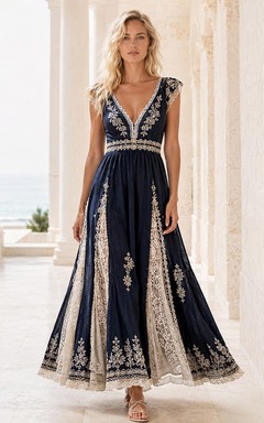 Luxuriöses, dunkelblaues, besticktes, mediterranes A-Linien-Kleid mit V-Ausschnitt, bodenlang, ärmellos