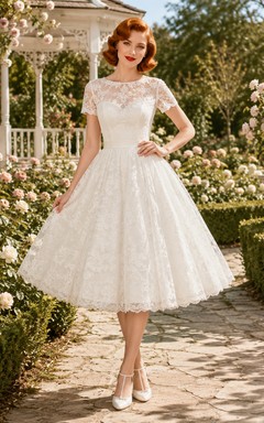 Vintage Lace Cap Sleeve Tea-Length A-Line Wedding Dress