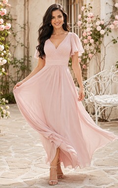 Romantic Short Sleeve V Neck Chiffon Floor Length A-Line Engagement Dress