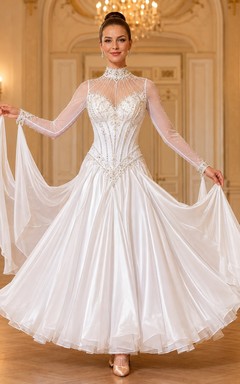 Beaded Tulle V-neck Long Sleeve Ball Gown Sweep Train Formal Dress