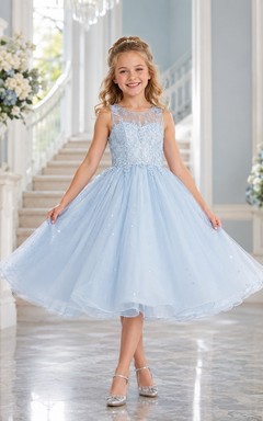 Sky Blue Bateau Illusion Beaded Lace Sequined Tulle Tea-Length Ball Gown Flowergirl Dress