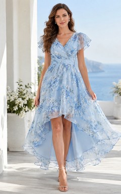 Vestido de fiesta bohemio azul cielo con estampado floral, mangas con volantes y escote en V, de gasa asimétrico.