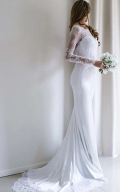 Bateau Lace Long Sleeve Sheath Chiffon Modest Wedding Dress With Sweep Train
