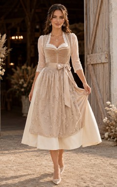 Taupe Elegant Bridal Dirndl Square Neck Three Quarter Lace Sleeve Tea Wedding Dress