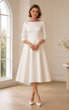 Vestido de novia discreto de gasa de manga larga y cuello alto, corte en A, largo hasta la rodilla, ideal para una boda íntima.