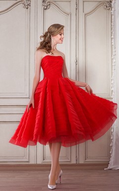 A-Linien-Kleid in Teelänge, trägerlos, ärmellos, aus Organza, gerafft, mit Falten und Reißverschluss