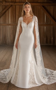 Vestido de novia bohemio de manga larga, corte recto, escote en V, estilo capa de granero, encaje y cola catedral.