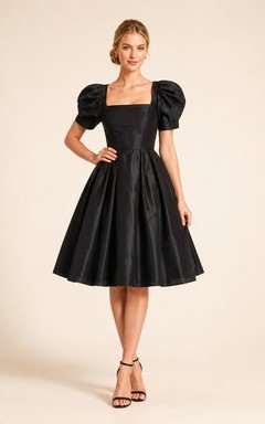 Black square neck puff sleeve taffeta A-line party dress
