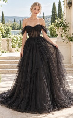 Black Off Shoulder Corset Layered Tulle A-Line Wedding Dress